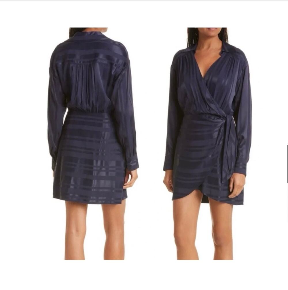 Milly Blue navy Jordan Stripe tonal long sleeve faux wrap Satin Shirt Dress S